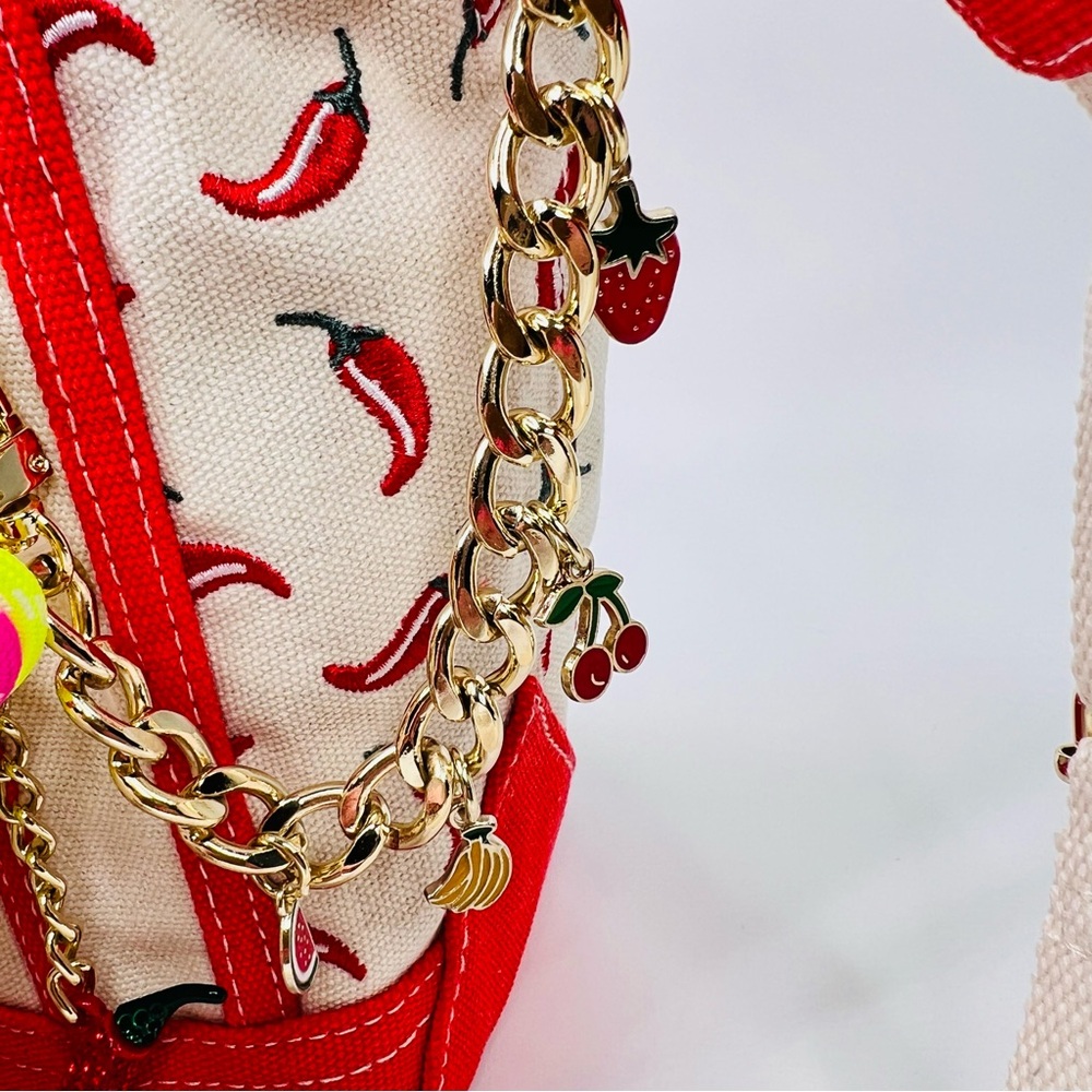 Viral Madden Girl Chili Pepper Canvas Mini Tote Crossbody Bag Charms & Keychain - Picture 4 of 13